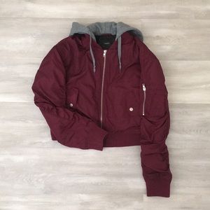 Maroon Cropped Bomber Jacket With Grey Hood